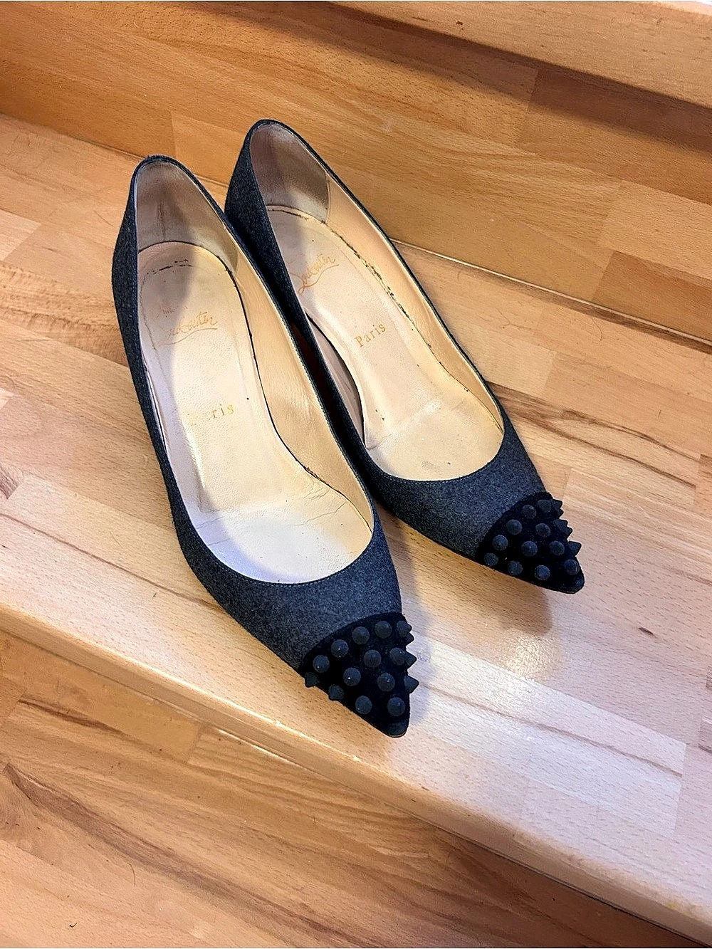 Auth Christian Louboutin Geo Spikes Kitten Heel Pumps